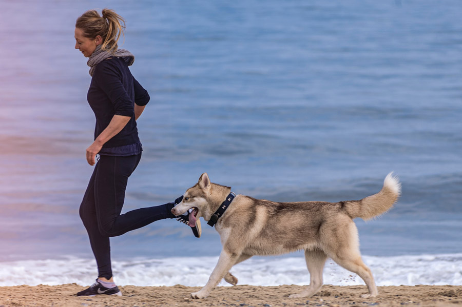 woman running with dog at the beach