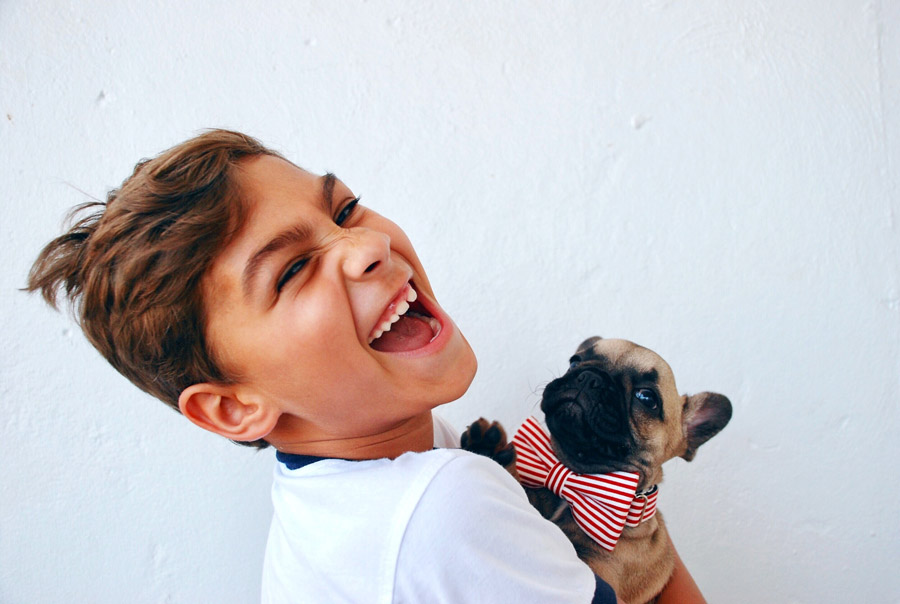 happy young boy with french bulldog puppy
