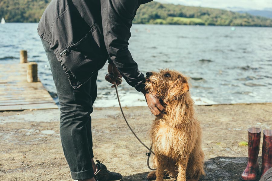 man with dog on lead near water